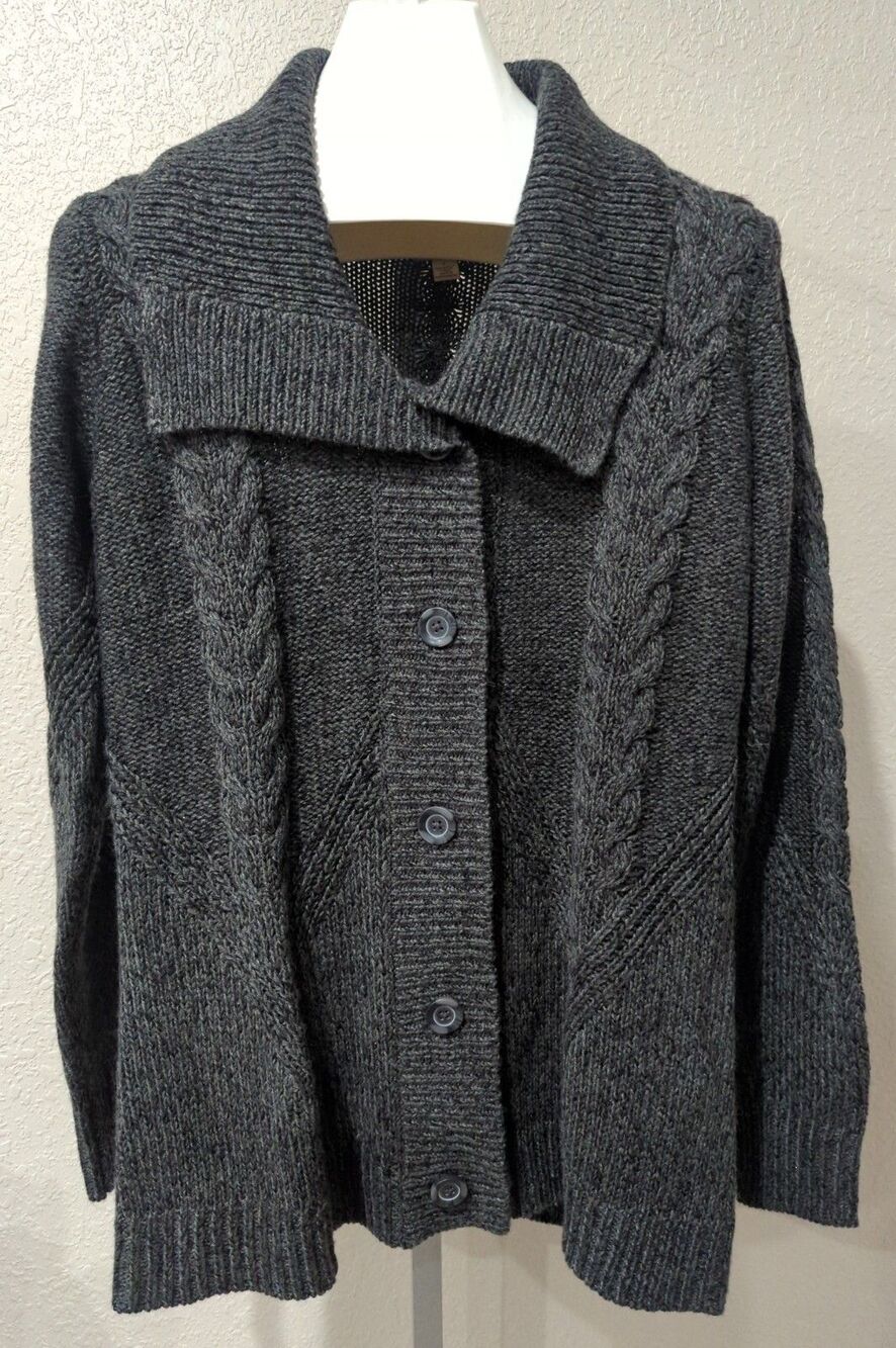 St. John's Bay Long Button Front Cable Knit Cardigan Sweater Large Green/Gray